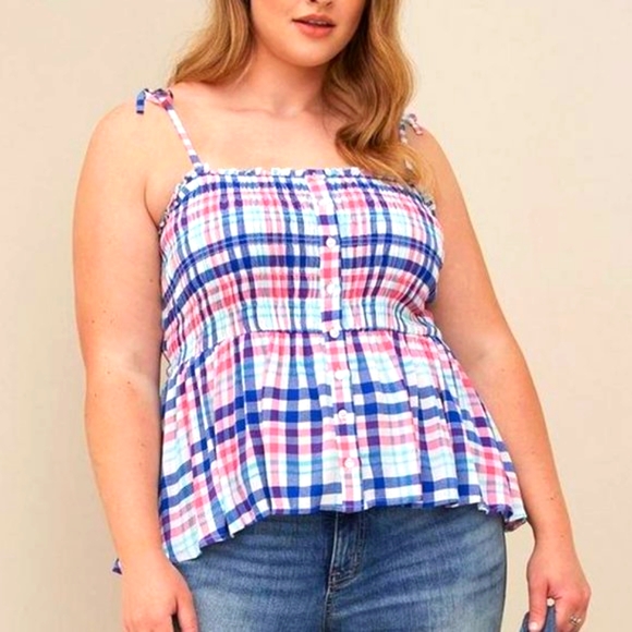 ❤️NWT VINTAGE TORRID PEPLUM SHOULDER TIES - CRINKLE GAUZE PLAID CAMI - PLUS SIZE - Picture 9 of 13